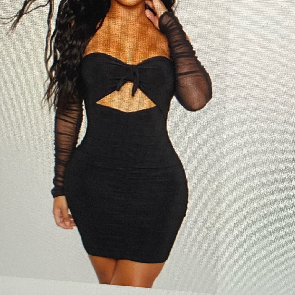 Shape black tie ruched mesh sleeve dress